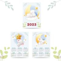 calendar 2023 with cute animals illustration watercolor style vector