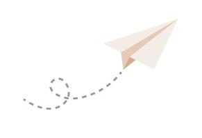 Paper air plane flying. Origami paper plane icon. Route of aircraft in form of dotted line. Vector flat illustration