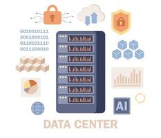 Data center. Cloud computer connection database server hosting. AI chip, machine learning, analysis information. Vector flat icon set.