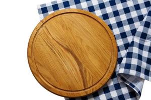 empty wooden board for food and tablecloth on white background isolated top view photo