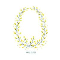 Easter egg,congratulations on the holiday of Easter.The Easter egg is framed with a yellow ornament of mimosa flowers on an isolated background.Frame for your text.Handwritten inscription Happy Easter vector