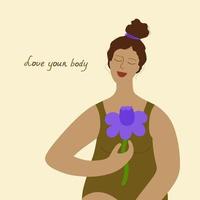 Body Positive. Cute flat vector illustration depicting a smiling character with a flower. A call for love and your body The inscription is written by hand