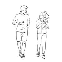 línea arte corriendo pareja jogging entrenamiento ilustración vector dibujado a mano aislado sobre fondo blanco