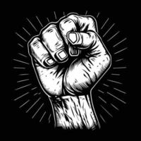 Vector illustration of raised fist and sunburst isolated on white background