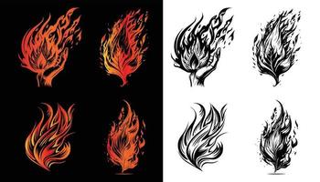 icono de llama de fuego, vector de logotipo con contorno negro y gradiente de fuego. conjunto de vectores de iconos de fuego