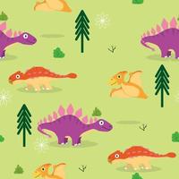 seamless, dinosaurio, caricatura, patrón, plano de fondo, con, árbol, y, arbusto, ornamento, vector, ilustraciones, eps10 vector