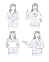 A young woman in a business suit with a tablet in different poses teaches, brings information, thinks. Vector line graphics.