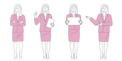 una mujer joven con traje de negocios con una tableta en diferentes poses enseña, trae información, piensa. gráficos de líneas vectoriales. vector