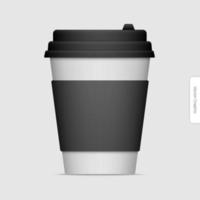 Vector paper cup with plastic lid on gray background, featuring a realistic design, offers a versatile solution for coffee to go and takeout. 3D disposable closed paper cup template. Vector EPS10.