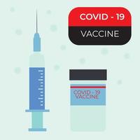 Research and development to create COVID-19 vaccine. Design by blue vaccine bottle and injection syringe. Concept of Vaccines to provention or fight against Coronavirus. Vector illustration