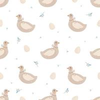 Seamless Easter pattern with rabbits and geese. Vector illustration in cute doodle style.