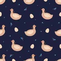 Seamless Easter pattern with rabbits and geese. Vector illustration in cute doodle style.