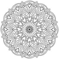 Fantasy mandala with hearts, circles and ornate patterns, meditative coloring page for Valentines day vector