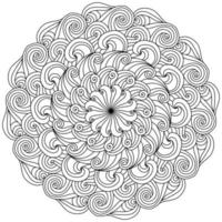 mandala meditativo en forma de flor simétrica, página coloreada con rizos en espiral vector