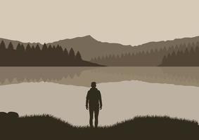 Silhouette of a man standing on the shore of the lake and mountains. Vector illustration