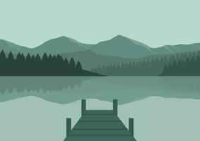 paisaje con lago, montañas y muelle de madera. ilustración vectorial vector