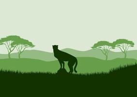 Silhouette of a lion in the African savannah. Vector illustration