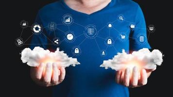 man holding cloud computing diagram show on hand. Data storage.Cloud technology.Secure backup and consistency  Networking and internet service concept.Implementing storage technology in business photo