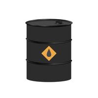 Industria del aceite. barriles dorados y negros con etiqueta de gota de aceite en un charco de petróleo crudo derramado. vector