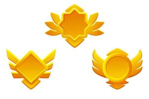 Golden game rank icons isolated. Game badges buttons in different frame with wings vector