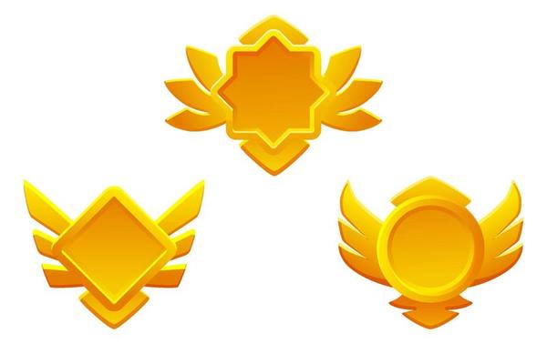 Golden game rank icons isolated. Game badges buttons in different frame with wings