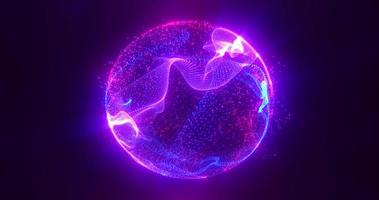 Abstract round blue to purple sphere light bright glowing from energy rays and magic waves from particles and dots, abstract background photo