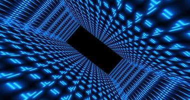 Abstract blue futuristic tunnel square rectangular grid of glowing neon lines digital beautiful magical energy on a dark background. Abstract background photo