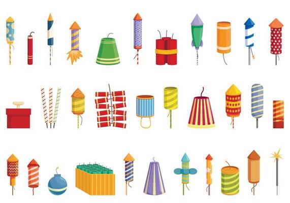 Petard icons set cartoon vector. Dynamite fireworks