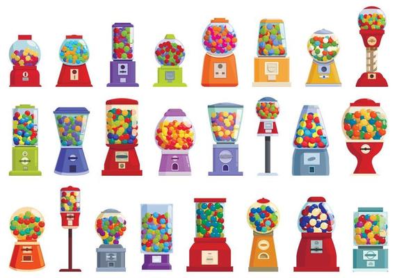 Bubblegum machine icons set cartoon vector. Gum candy