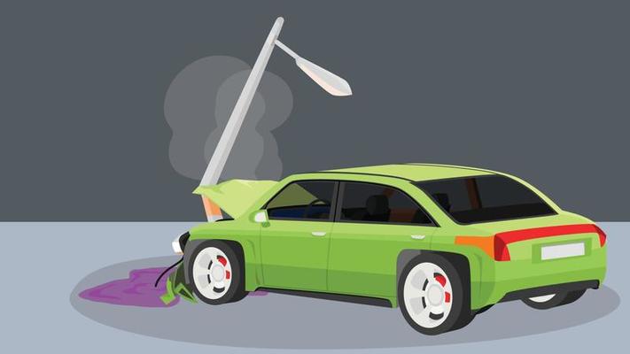 Damage car crash pole light accident cannot drive. There was steam coming out of the radiator.The front is severely damaged. The equipment is broken. Oil spill on the floor. Can view inside of car.