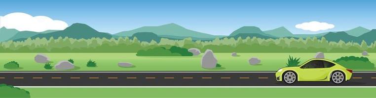 Cartoon transport travel for banner. Sport car with driving for travel.  Asphalt road near the green grass and mountain under clear sky for winter travel. Copy Space Flat Vector. vector