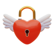 3D rendering. Heart shaped lock with angel wings. Valentine's day. png