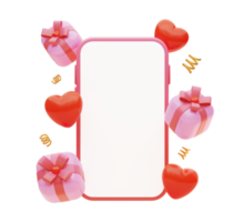 maquette de smartphone avec de nombreux coffrets cadeaux et coeurs. affichage d'écran vide pour votre image ou votre texte. illustration de rendu 3d. png