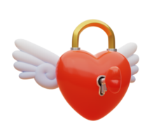 3D rendering. Heart shaped lock and key with angel wings. png