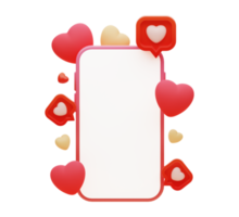 smartphone simulado com caixa de bate-papo e corações. exibição de tela vazia para sua imagem ou texto. plano de fundo do dia dos namorados. ilustração de renderização 3D. png