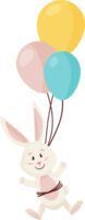 personaje de conejito. volando y riendo divertido, feliz conejo de dibujos animados de Pascua con tres globos. png