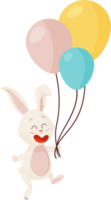 personnage de lapin. sauter et rire drôle, joyeux lapin de dessin animé de pâques avec trois ballons. png