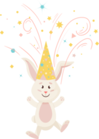 Hasencharakter. springen und lächeln lustig, alles gute zum geburtstag cartoon kaninchen mit feuerwerk, png