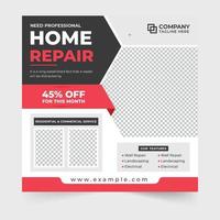 Professional home repair service advertisement poster with yellow and red colors. Handyman service promotional web banner vector for marketing. Real estate home repair business social media post.