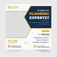 Plumbing expert hiring template vector with geometric shapes. Handyman service social media post design with photo placeholders. Home maintenance business poster design with yellow and dark colors.