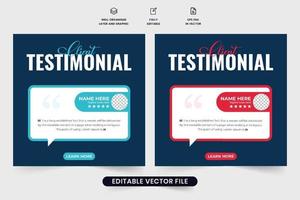 diseño de plantilla de testimonio de cliente creativo sobre un fondo oscuro. retroalimentación del servicio al cliente y diseño de la sección de comentarios para marketing en redes sociales. revisión del cliente y vector de diseño de calificación para sitios web.