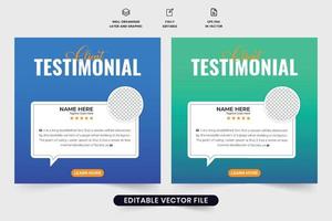 retroalimentación del servicio al cliente y diseño de plantillas de testimonios de clientes con colores azul y verde. promoción empresarial moderna y vector de diseño de retroalimentación del cliente. diseño de cotización del cliente con marcadores de posición de fotos.