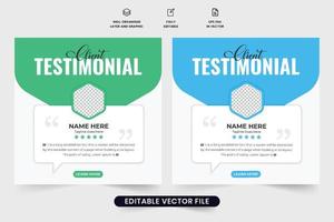 Testimonio de cliente y diseño de plantilla de revisión de servicio para marketing en redes sociales. diseño de diseño de comentarios de servicio al cliente con sección de cotización y calificación. vector de plantilla de promoción de empresa y negocio.