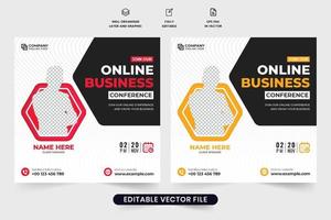 Business conference webinar template design with red and yellow colors. Business promotional webinar social media post vector. Online conference and webinar invitation poster design for marketing. vector