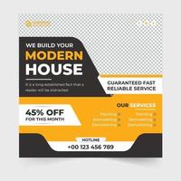 Handyman and construction service social media post vector with yellow and dark colors. Modern home making business promotional template design for marketing. Real estate construction business poster.