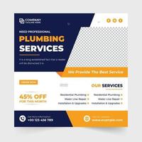 Professional plumbing service social media post vector with purple and red colors. Handyman and maintenance service advertisement template with photo placeholders. Plumbing business promotion poster.