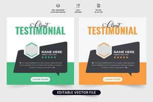 Business client testimonial vector for websites. Customer service feedback template with light green and yellow colors. Customer feedback review or testimonial layout template with quote section.