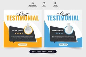 Client testimonial and review template vector with yellow and blue colors. Modern business promotion and customer review layout design for marketing. Client feedback template with photo placeholders.