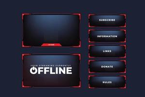 Simple broadcast frame design with red color and dark background. Offline and online screen panels with subscribe buttons for gamers. Modern gaming and streaming overlay vector for screen interface.
