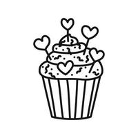 Cupcake with icing and hearts. Cartoon style. Design element. Hand drawn line art vector illustration isolated on white background.